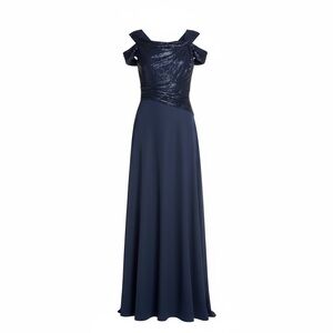 Tadashi Shoji Vesta Sequin Off Shoulder Evening Gown Dress Navy Blue Size 16